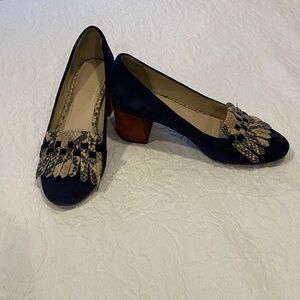 Cole Haan Navy and Tan Heels with Fringe
